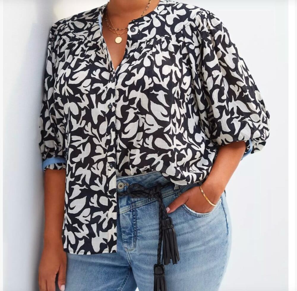 A+nthropologie Danielle Kroll Bird Art Print Blouse 2X Cotton Balloon Sleeve Top